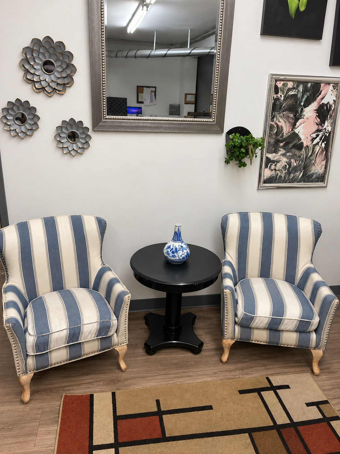 Blue & Cream Striped Wingback Chairs – Set of 2